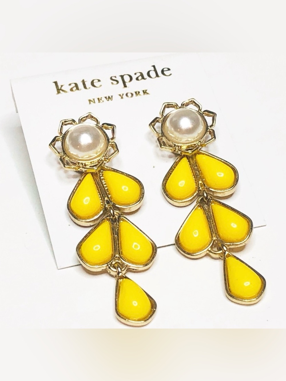 New Kate Spade Yellow Chandelier Enamel 2 inch Drop Earrings with Pearl Center